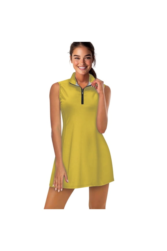 Solid yellow background color image Sports Dresses Women Tennis Dress with Separate Shorts One-Piece Slim Fit Golf Dress