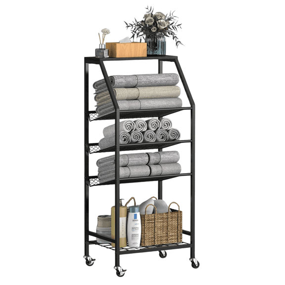 SolidPal 5 Tier Bathroom Towel Rack Cart, Rolling Utility Cart with Wheels Metal Wood Storage Shelf for Home Kitchen