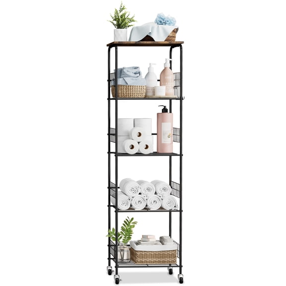 SolidPal 5 Tier Metal Wire Storage Rack, Rolling Cart with Wooden Top and Side Hooks for Kitchen Bathroom Laundry