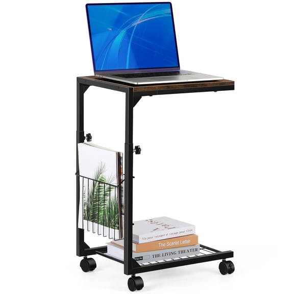 SolidPal Adjustable C Shaped Side Table, Rolling End Table with Storage Basket, Slide Under Couch for Living Room Bedroom