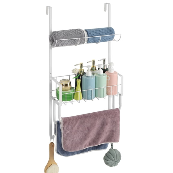 SolidPal No Drill Over The Door Organizer, Hanging Towel Rack with Storage Basket & 2 Hooks for Bathroom RV Camper