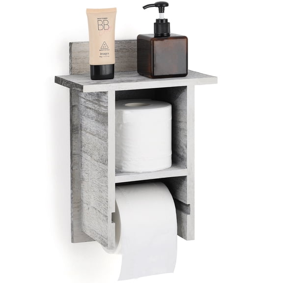 SolidPal Rustic Wood 2-Tier Toilet Paper Holder, Wall Mount Tissue Roll Rack with Dual Shelves for Home Use