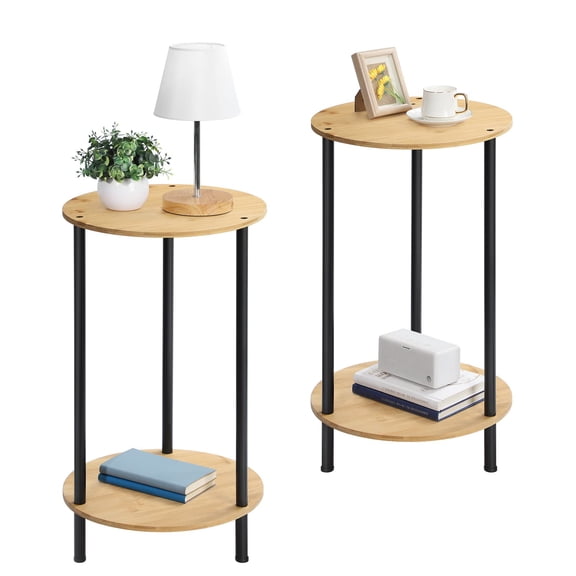 SolidPal Set of 2 2-Tier Round Farmhouse End Tables, Small Side Nightstands with Storage Shelf for Bedroom Living Room