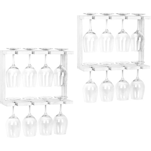 SolidPal Set of 2 Wall Mounted Wine Glass Rack, 2 Tier Rustic Wood Stemware Hanger for Kitchen Dining Room