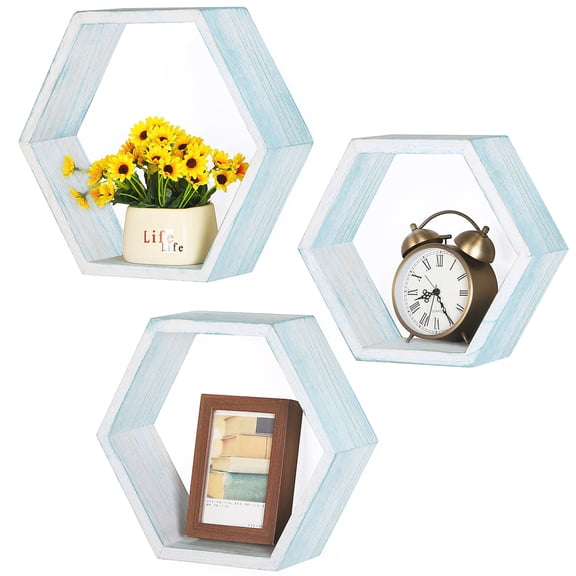 SolidPal Set of 3 Wooden Hexagon Floating Shelves, Rustic Honeycomb Wall Mount Geometric Storage Decor for Bedroom Living Room Office