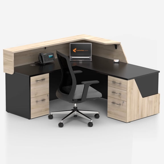 Solide L-Shaped Reception Desk with Counter & Storage Drawers, Office Front Desk, Modern Lobby Reception Desk for Office, Clinic, Salon, Acacia, 6x8 Left Return, Self Assembly