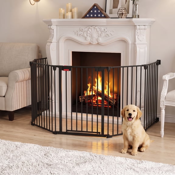 Solidee 27.5"x129" Freestanding Dog Gates Extra-Wide, Foldable Dog Fence Indoor with Auto-Close Door&Double Locking, Black