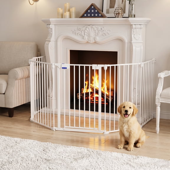 Solidee 27.5"x129" Freestanding Dog Gates Extra-Wide, Foldable Dog Fence Indoor with Auto-Close Door&Double Locking, White