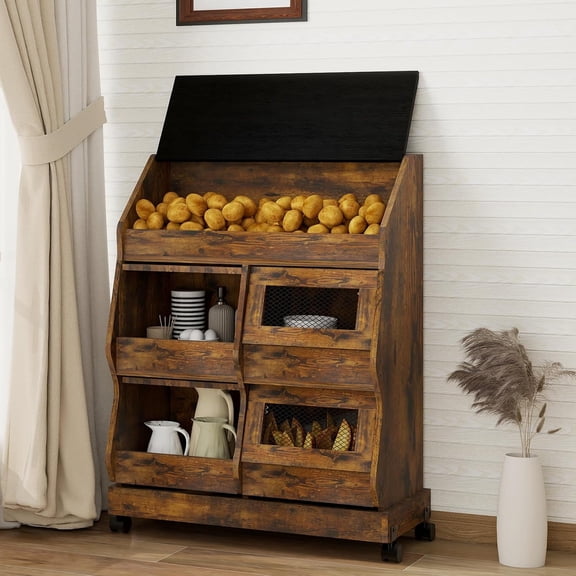 Solidee Potato and Onion Storage Bin Large Bread Box on Wheels for Pantry, Double Row Vegetable Organization Cabinet,Rustic