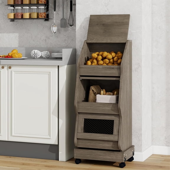 Solidee Potato and Onion Storage Bin Movable Bread Box with Wheels, Ventilation Mesh Drawers,Gray