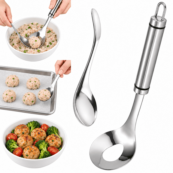 Solidever Meatball Spoon, Meatball Spoon Maker, Stainless Steel Meatball Maker Spoon with Hole, Long Handle Meatball Mold for Easy Round Meatballs, Kitchen Cooking Tool