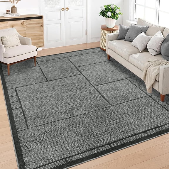 Solids 9x12 Rug Modern Washable Area Rug 9x12 Contemporary Geometric Living Room Rugs Non Slip Non Shedding Low Pile Throw Mats Neutral Floor Cover Carpet for Farmhouse Dining Room Office Grey