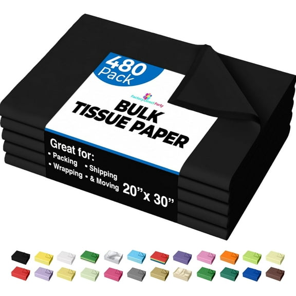 Solids Black Tissue Paper for Gift Bags - 20" X 30" Bulk Tissue Paper Black 480 - 10lb Newsprint for Packing, Birthday Gift Box Filler, Packing Supplies for Moving Supplies