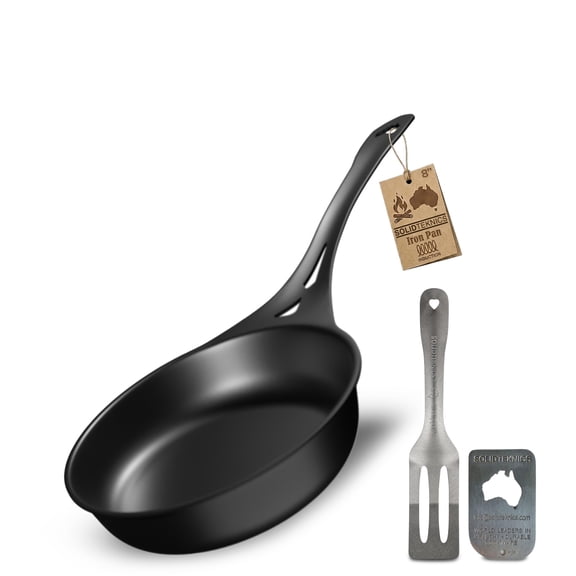 Solidteknics 8" Outdoor Skillet Set – Naturally Seasoned Australian Iron Skillet with Lil Flippa Stainless Flipper & Mini Pan Scraper Lightweight Camping Cookware for Grill & Campfire Cooking