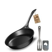Solidteknics 9.5" Outdoor Skillet Set   Naturally Seasoned Australian Iron Skillet with Lil Flippa Stainless Flipper & Mini Pan Scraper Camping Cookware for Grill, Smoker & Campfire Cooking