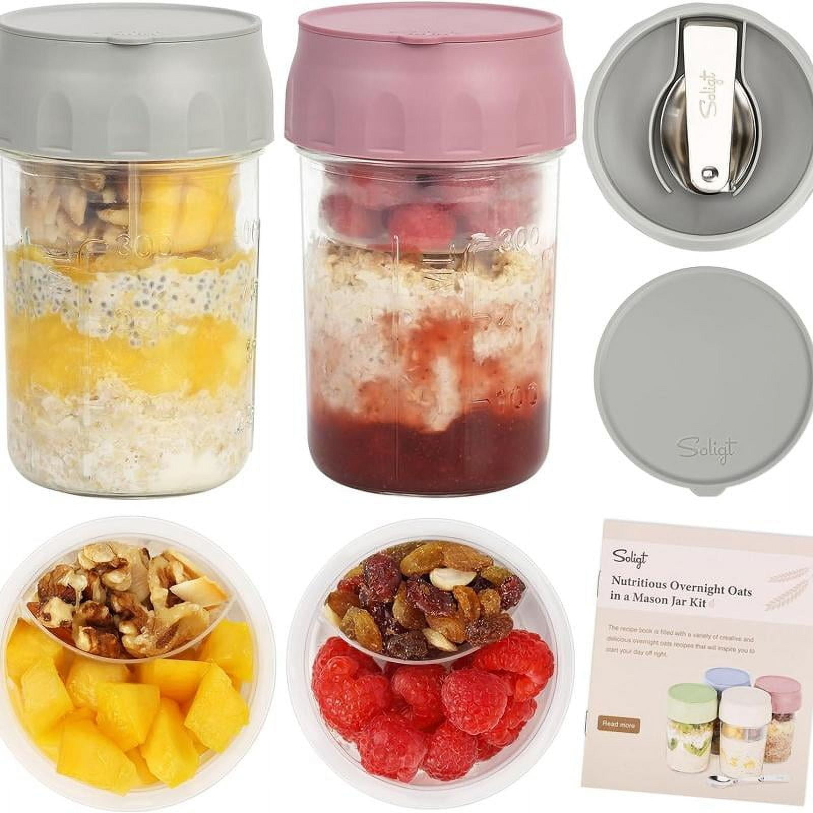 Parfait Storage Containers Soligt Overnight Oats Containers with Lids, Folding Spoons, and Divided ...