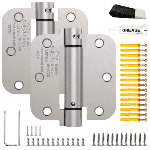 Solilume 2 Pack Self Closing Door Hinges Kit, 3.5 inch Spring Loaded Hinges, 5/8" Radius, Adjustable Tension, UL Listed, Satin Nickel