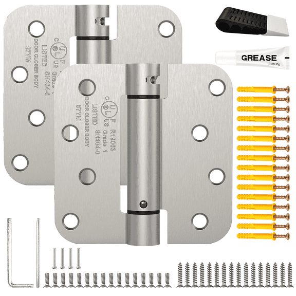Solilume 2 Pack Self Closing Door Hinges Kit, 4 inch Spring Loaded Hinges, 5/8" Radius, Adjustable Tension, UL Listed, Satin Nickel