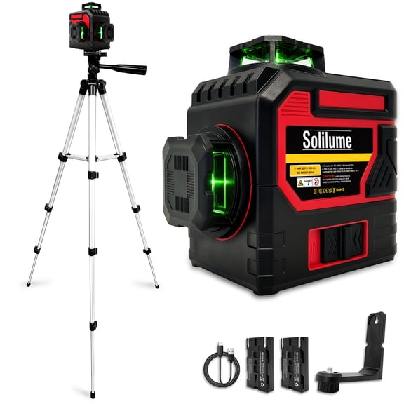 Solilume 3x360 Green Laser Level with Tripod, 12 Line Self Leveling Laser Level, 100FT Rechargeable Laser Level for Construction, Tiling and Drywall