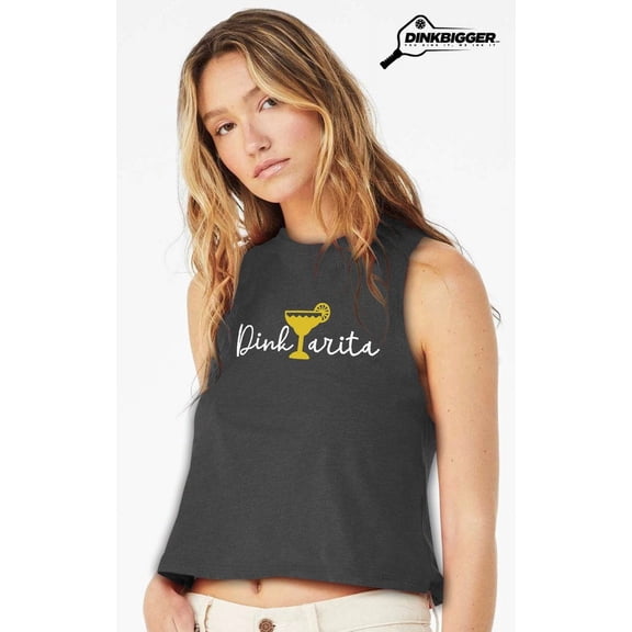 Solin Dink-a-rita Women's Pickleball Racerback Crop - Fun Pickleball Shirt - Dark Heather Gray Small