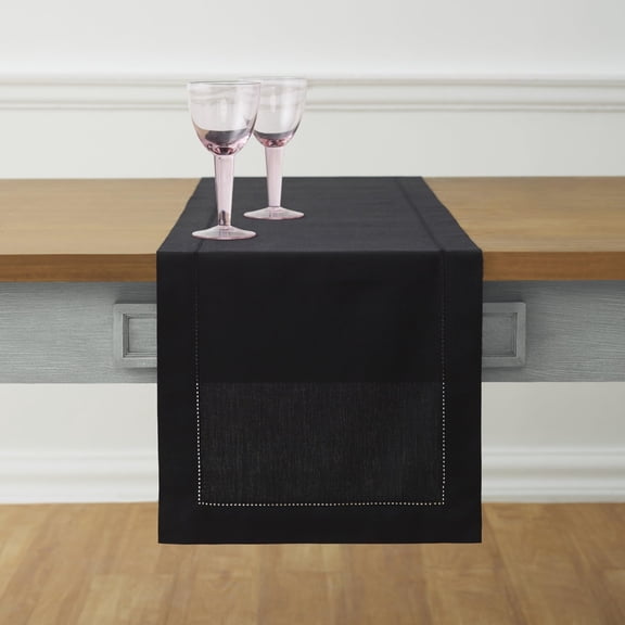 Solino Home Black Hemstitch Table Runner 60 Inches - Cotton Linen Small Table Runner 14 x 60 Inch Ideal for Dresser and Coffee Tables - Winter, Spring, Easter, Mothers Day