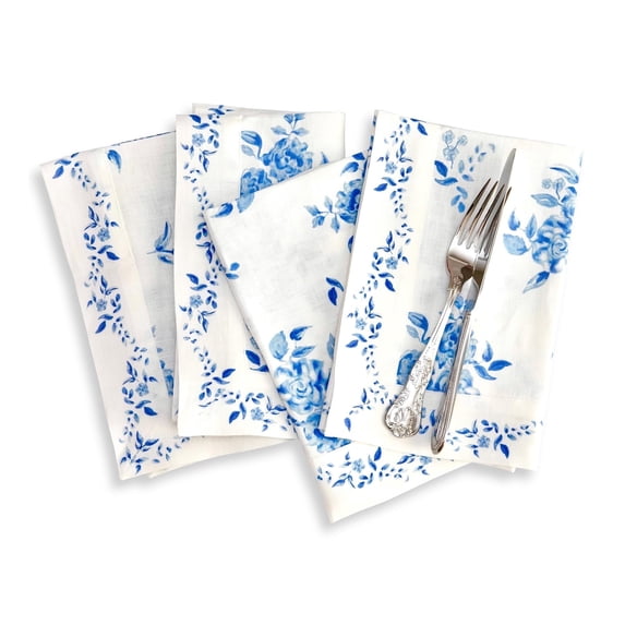 Blue Floral Print Cloth Napkins Set of 4 - 100% Pure Linen Dinner Napkins 20 x 20 Inch - Handcrafted and Machine Washable - Jolie Fleur Print