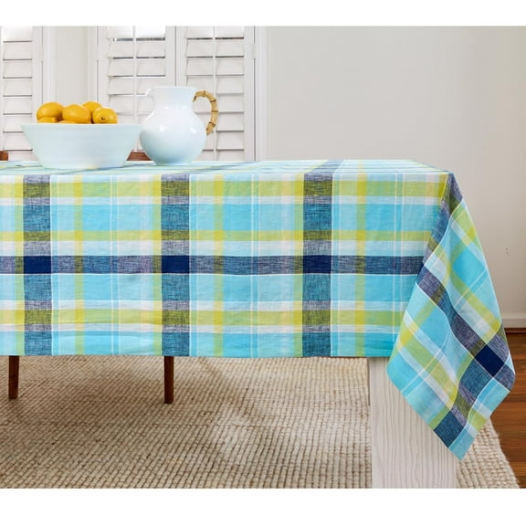 Solino Home Blue Linen Tablecloth 52 x 52 Inch - 100% Pure Linen Summer Madras Plaid Tablecloth - Handcrafted and Machine Washable Table Throw for Winter
