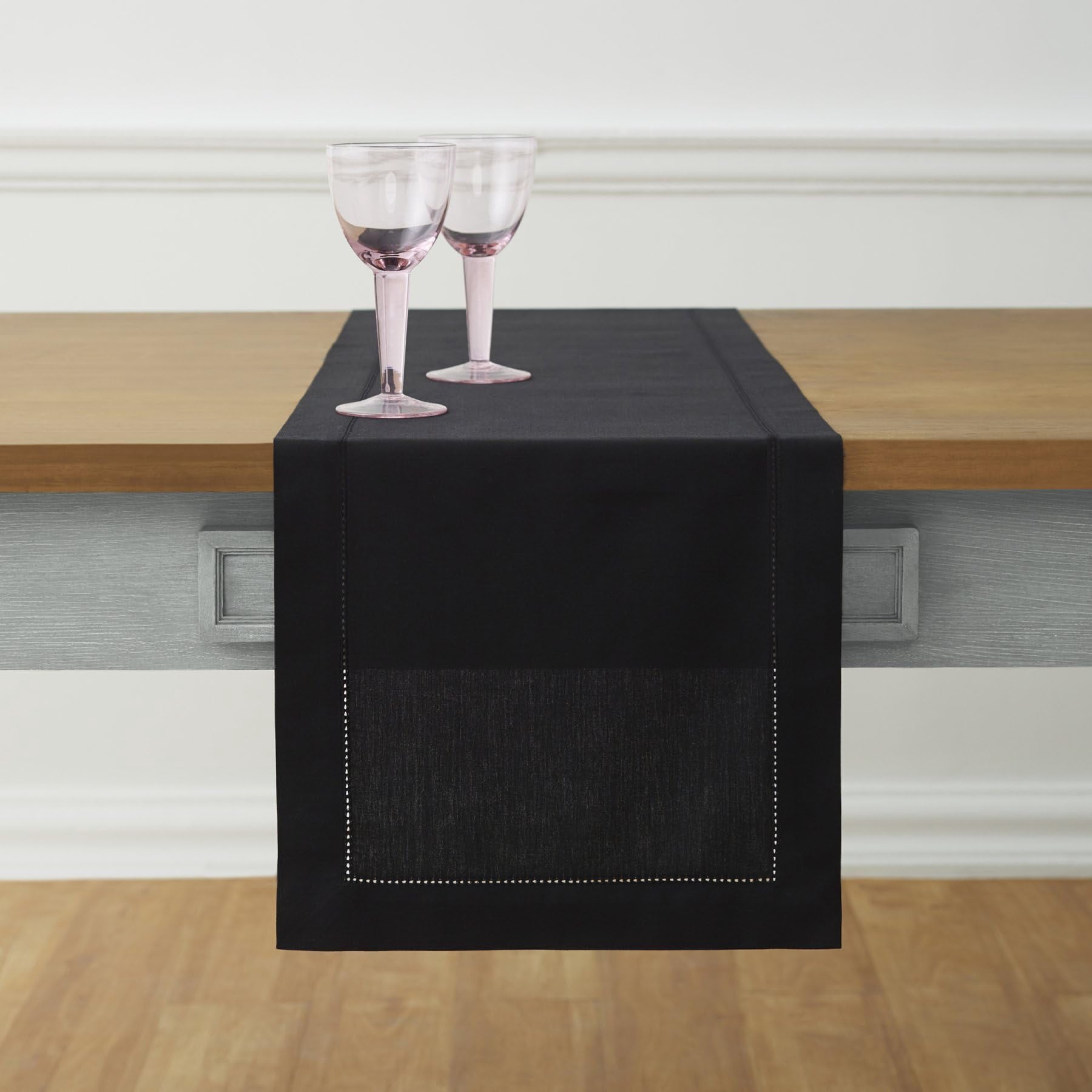Solino Home Cotton Linen Black Table Runner 144 Inches Long - Hemstitch 14 x 144 Inch Table Runner for Spring, Easter, Mothers Day