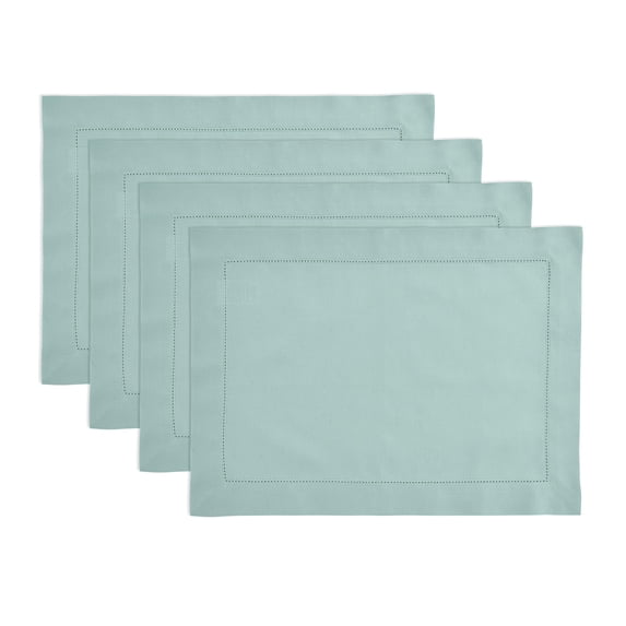 Solino Home Cotton Linen Placemats Set of 4 - Hemstitch Pastel Turquoise Placemats 14 x 19 Inch - Machine Washable Table Mats for Spring, Easter, Mothers Day
