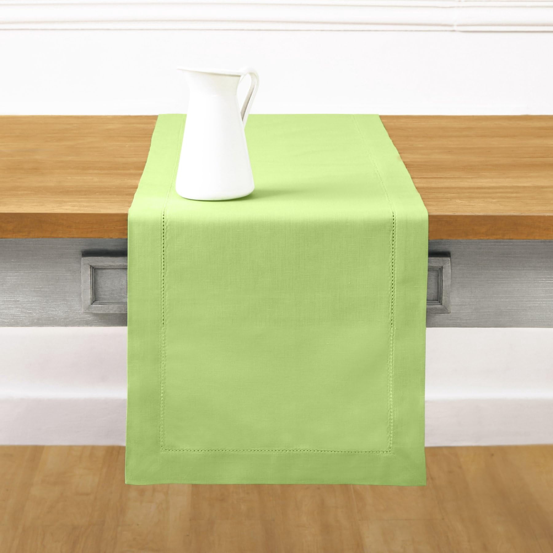 Solino Home Cotton Linen Table Runner 120 Inches Long - Hemstitch Apple Green Dining Table Runner 14 x 120 Inch for Spring, St Patricks Day, Easter, Mothers Day