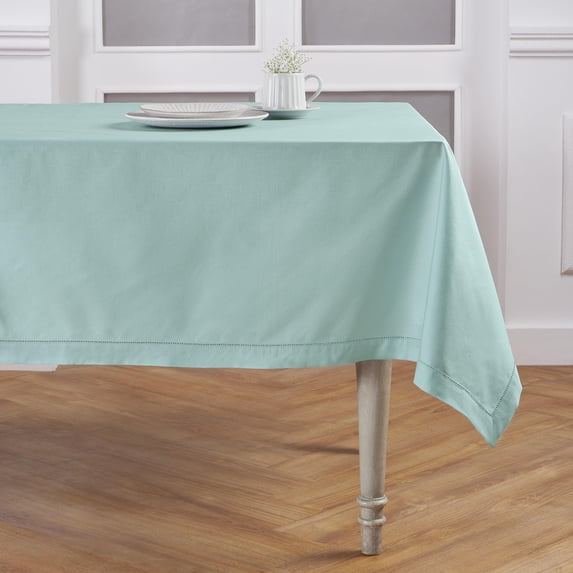Solino Home Cotton Linen Tablecloth 58 x 104 Inch - Hemstitch Pastel Turquoise Table Cloth for Rectangle Tables - Machine Washable Tablecloth for Spring, Easter, Mothers Day