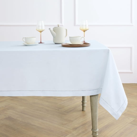 Solino Home Light Blue Cotton Linen Tablecloth 58 x 84 Inch - Hemstitch Table Cloth for Rectangle Tables - Machine Washable Tablecloth for Spring, Easter, Mothers Day