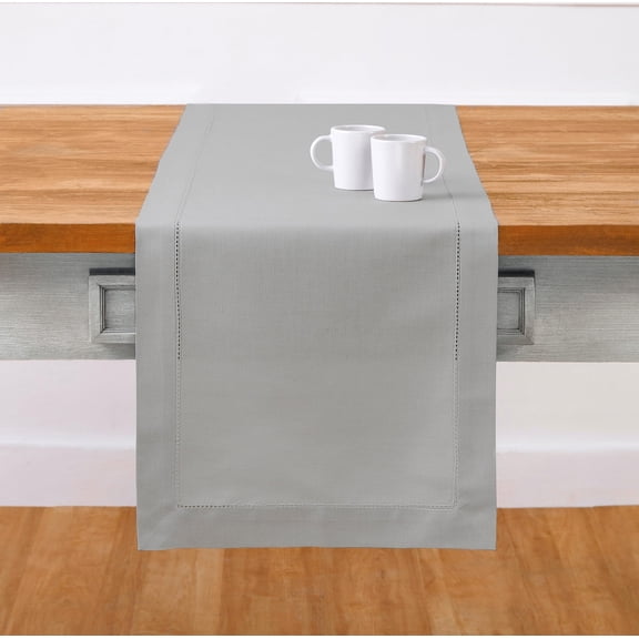 Solino Home Light Grey Table Runner 36 Inches - Cotton Linen Hemstitch Coffee Table Runner 14 x 36 Inch Ideal for Dresser Tables - Spring, Easter, Mothers Day