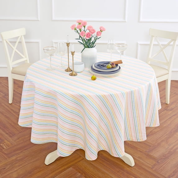 Solino Home Linen 60 Inch Round Tablecloth - Julia, 100% Pure Linen Multicolor Muted Pastel Stripe Round Tablecloth - Machine Washable Table Cloth for Spring, Easter