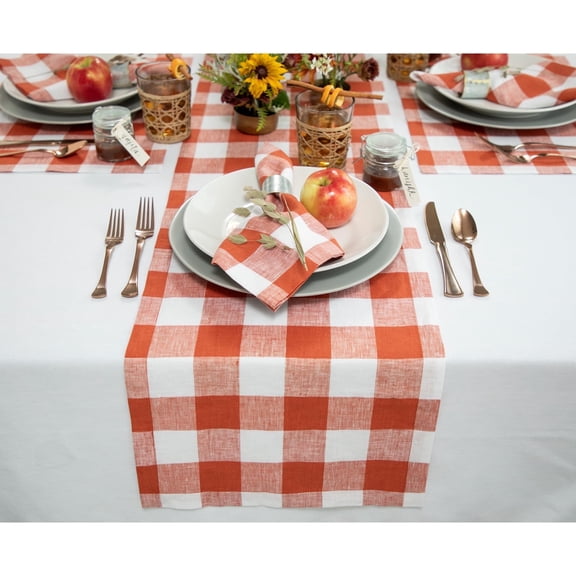 Linen Buffalo Plaid Table Runner 120 Inches Long - 100% Pure Linen Cinnamon and White Checkered Table Runner 14 x 120 Inch Ideal for Dining