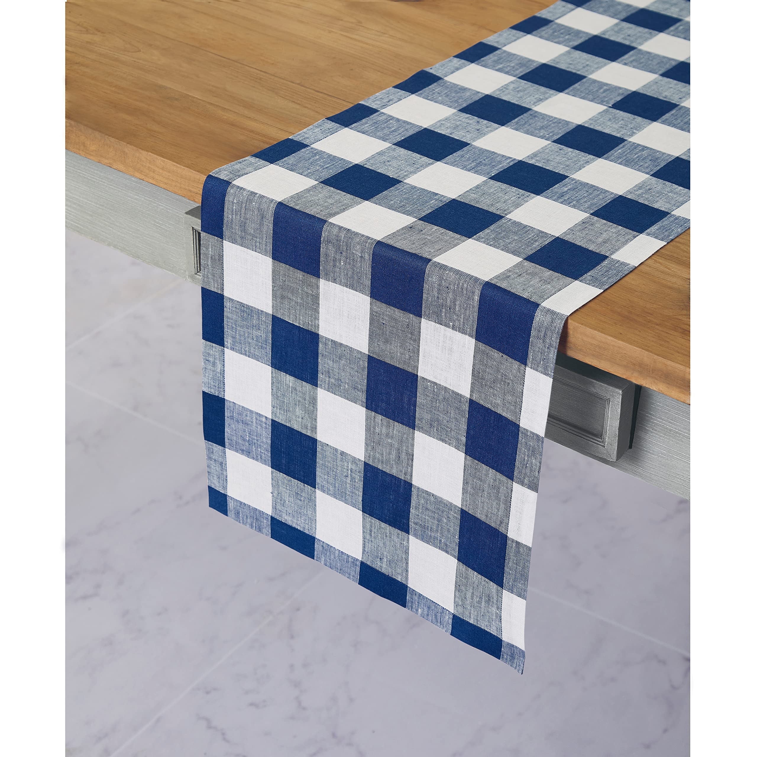 Linen Checkered Table Runner 108 Inches Long - 100% Pure Linen Blue and White Buffalo Check Table Runner 14 x 108 Inch Ideal for Dining