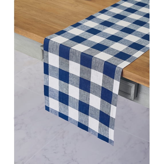 Linen Checkered Table Runner 108 Inches Long - 100% Pure Linen Blue and White Buffalo Check Table Runner 14 x 108 Inch Ideal for Dining