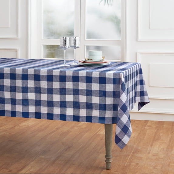Linen Checkered Tablecloth 52 x 52 Inch - 100% Pure Linen Blue and White Buffalo Plaid Square Tablecloth - Machine Washable Table Throw