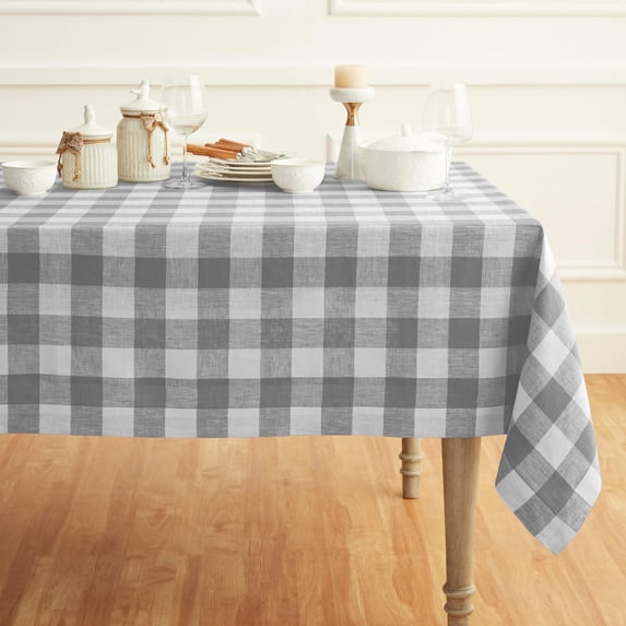 Linen Checkered Tablecloth 52 x 52 Inch - 100% Pure Linen Grey and White Square Table Cloth - Machine Washable Buffalo Plaid Table Throw