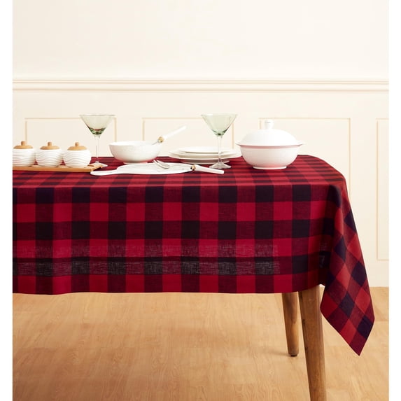 Linen Checkered Tablecloth 52 x 52 Inch - 100% Pure Linen Red and Black Square Table Cloth - Machine Washable Buffalo Plaid Table Throw