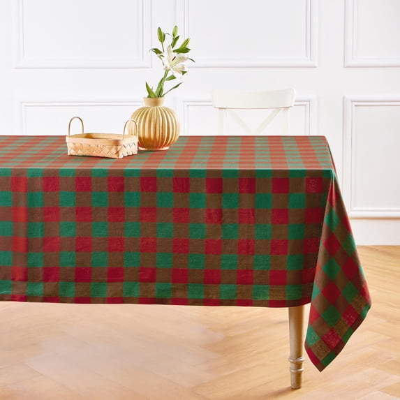 Linen Checkered Tablecloth 52 x 52 Inch - 100% Pure Linen Red and Green Buffalo Plaid Square Tablecloth - Machine Washable Table Throw