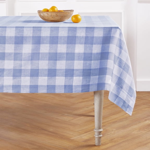 Linen Checkered Tablecloth 60 x 90 Inch - 100% Pure Linen Hydrangea Blue Buffalo Plaid Table Cloth for Rectangle Tables - Machine Washable Tablecloth