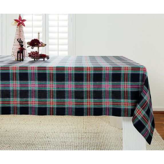 Solino Home Linen Christmas Plaid Tablecloth 60 x 108 Inch - 100% Pure Linen Black Jewel Table Cloth for Rectangle Tables - Machine Washable Tablecloth