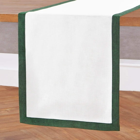 Solino Home Linen Table Runner 120 Inches Long - Forest Green and White 100% Pure Linen 14 x 120 Inch Table Runner for Dining, Fall, Autumn, Halloween - Classic