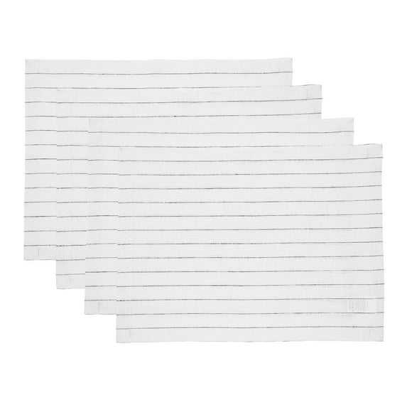 Solino Home Linen Cloth Placemats Set of 4 - Pinstripe 100% Pure Linen White and Black Farmhouse Placemats 14 x 19 Inch for Winter, Holiday, New Year