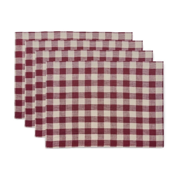 Set of 4 Pure Linen Burgundy and Natural Placemats 14 x 19 Inch – Morgan Check, Handcrafted