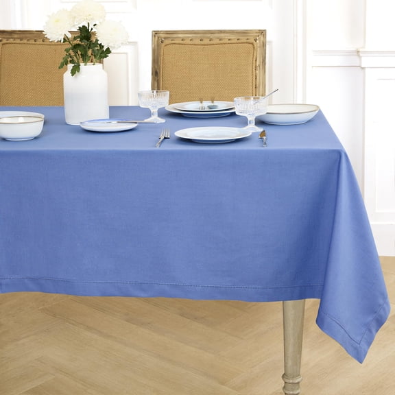 Solino Home Linen Dusty Blue Tablecloth 52 x 52 Inch - Cotton Linen Hemstitch Square Tablecloth - Machine Washable Table Throw for Winter, Spring, Easter, Mothers Day