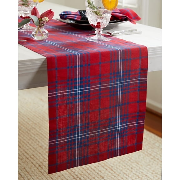 Linen Tartan Plaid Table Runner 48 Inches - 100% Pure Linen Red and Navy Short Table Runner 14 x 48 Inch Ideal for Dresser and Coffee Tables