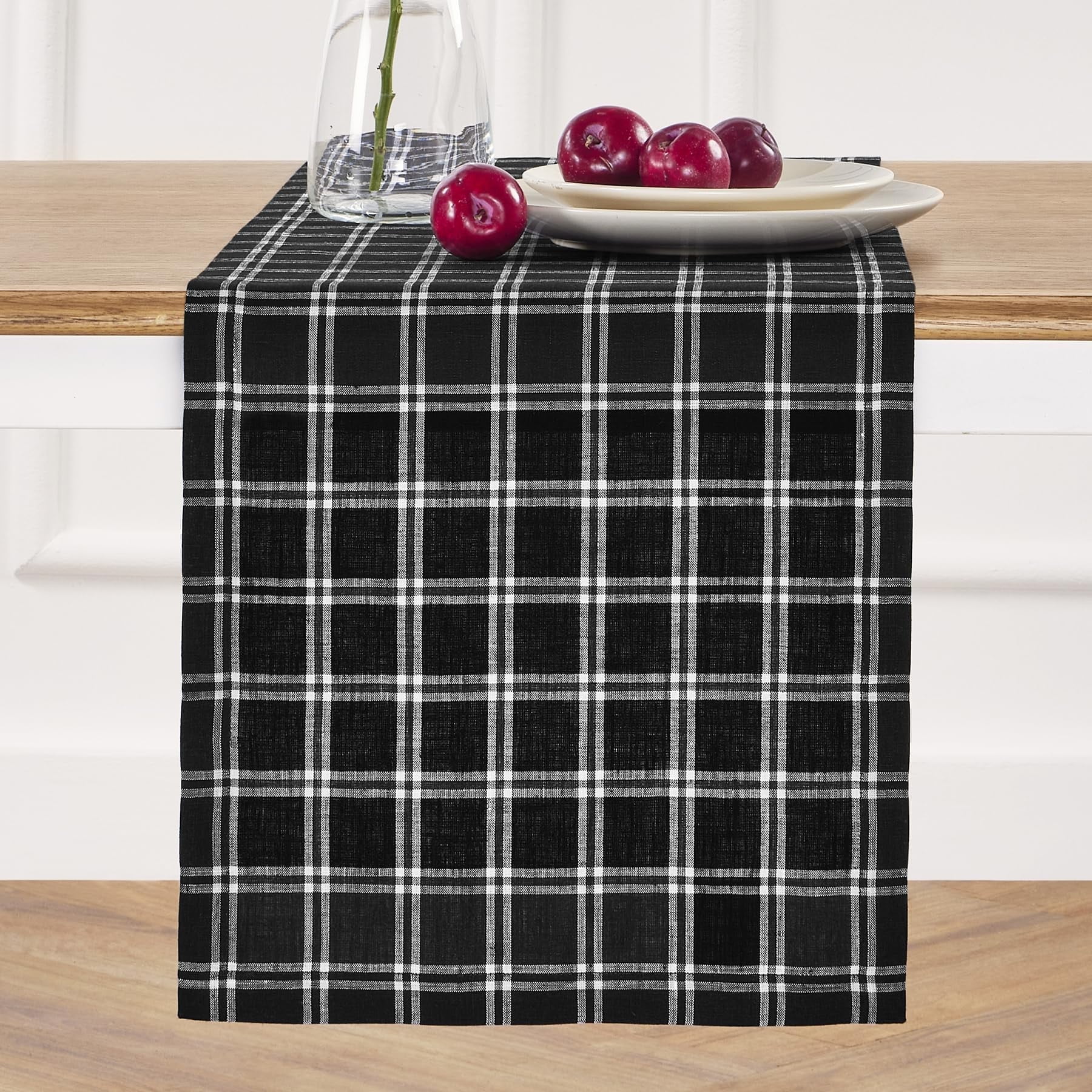 Solino Home Linen Table Runner, 14x120 Inches, Dark Green Windowpane Pattern - 100% Pure Linen For Dining, Christmas, Holidays