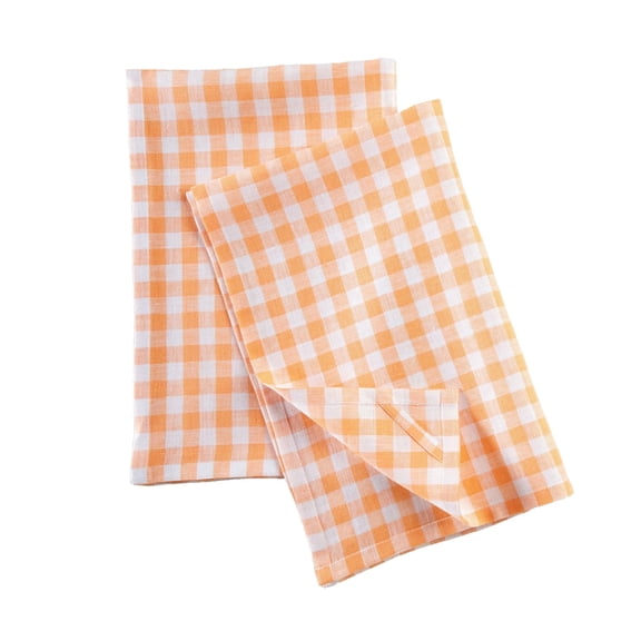 Linen Kitchen Towels Set of 2 - Sunny Orange 17 x 26 Inch - 100% Pure Linen Gingham Check Kitchen/Tea Towels - Machine Washable and Handcrafted from European Flax